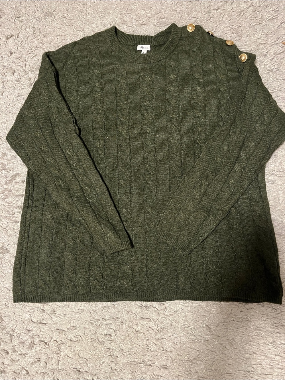 Reitmans Olive Green Cable Crewneck Sweater with Gold Buttons